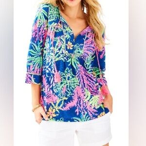 Lilly Pulitzer Tilda Tunic‎ in Indigo All A Glow Top Sz Small Floral Pink Resort